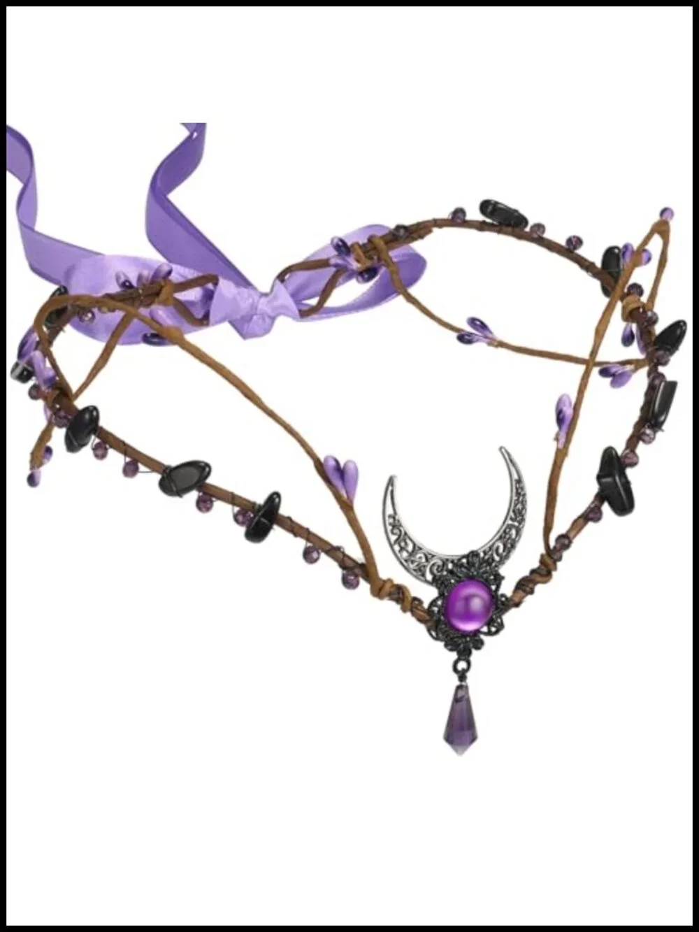 Handmade Crystal Elf Tiara with Moon and Ribbon Tie